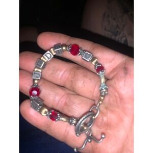 Vintage Judi Name Bracelet 925 Sterling Silver Red Crystal Beads Toggle Clasp